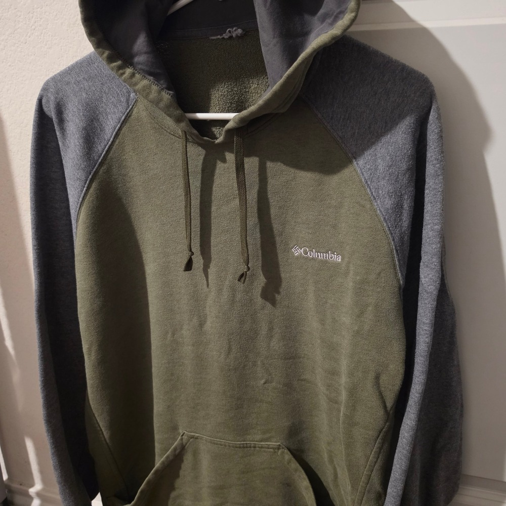 Columbia Mens Raglan Hoodie Olive Green Gray Fleece Pullover Logo Sweatshirt L
